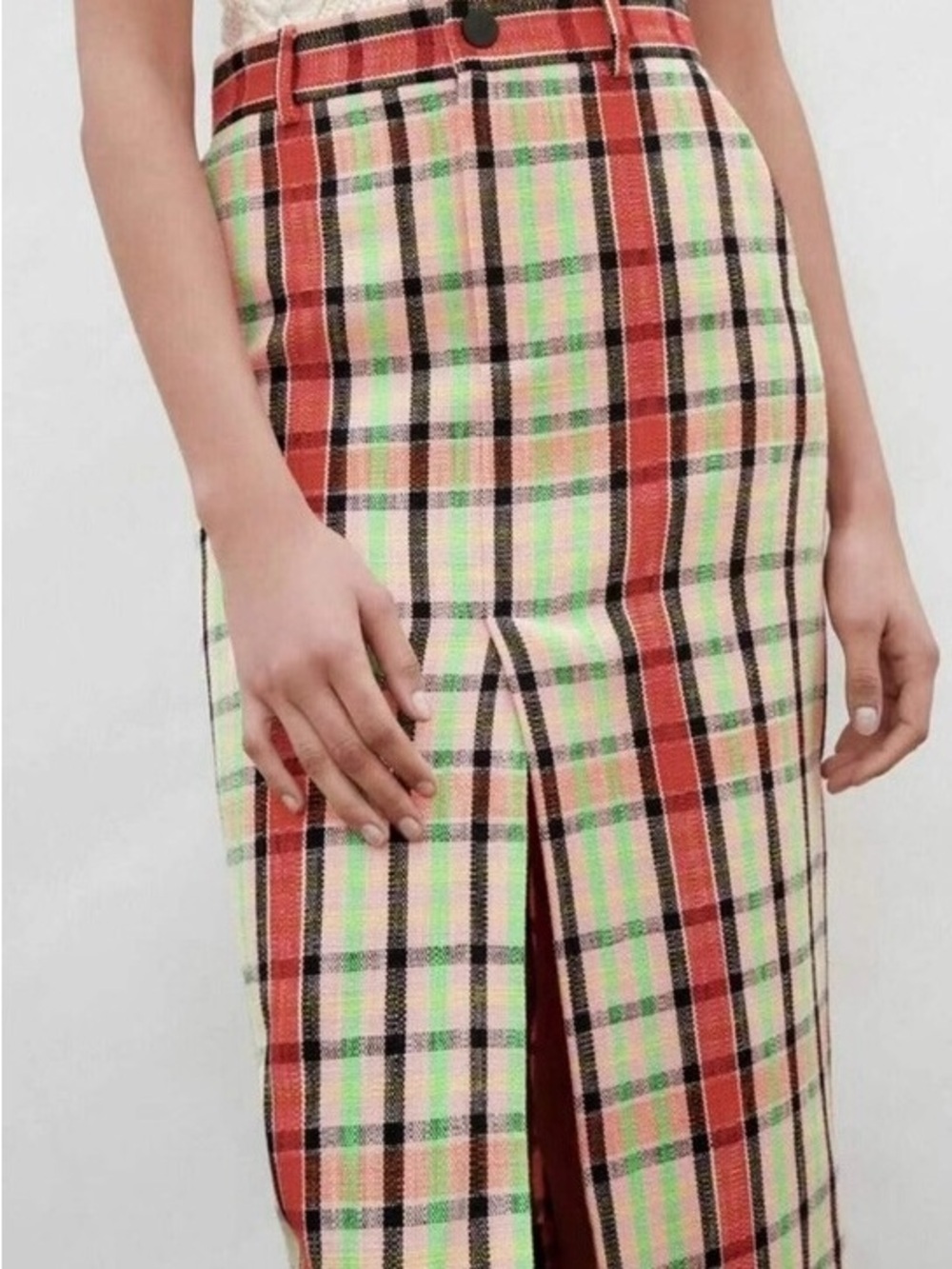 Zara| Retro Red, Pink & Green Plaid Cotton Pencil Midi Skirt w/ Front Slit Sz XS
